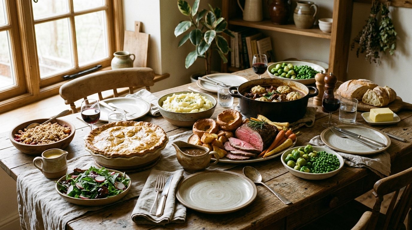 Rustic table set with British roast beef, pie, mashed potatoes, peas, and Yorkshire puddings.