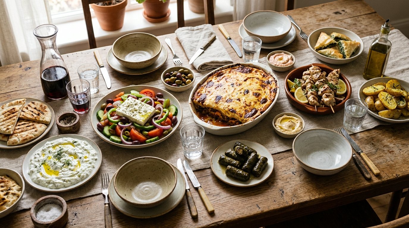 Greek family meal with moussaka, Greek salad, tzatziki, souvlaki, spanakopita, and dolmades.
