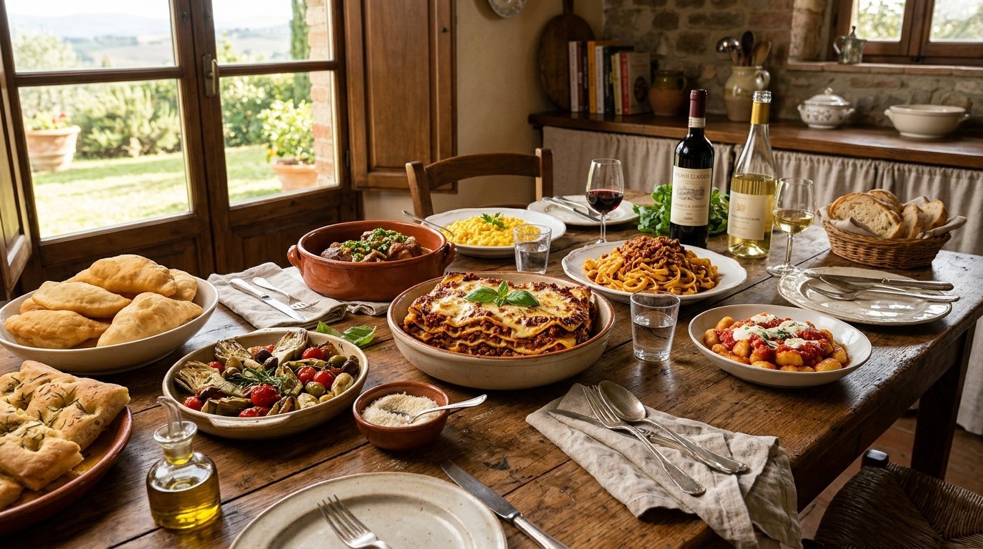 Rustic Italian table setting with lasagna, risotto, gnocchi, focaccia, and assorted vegetables.