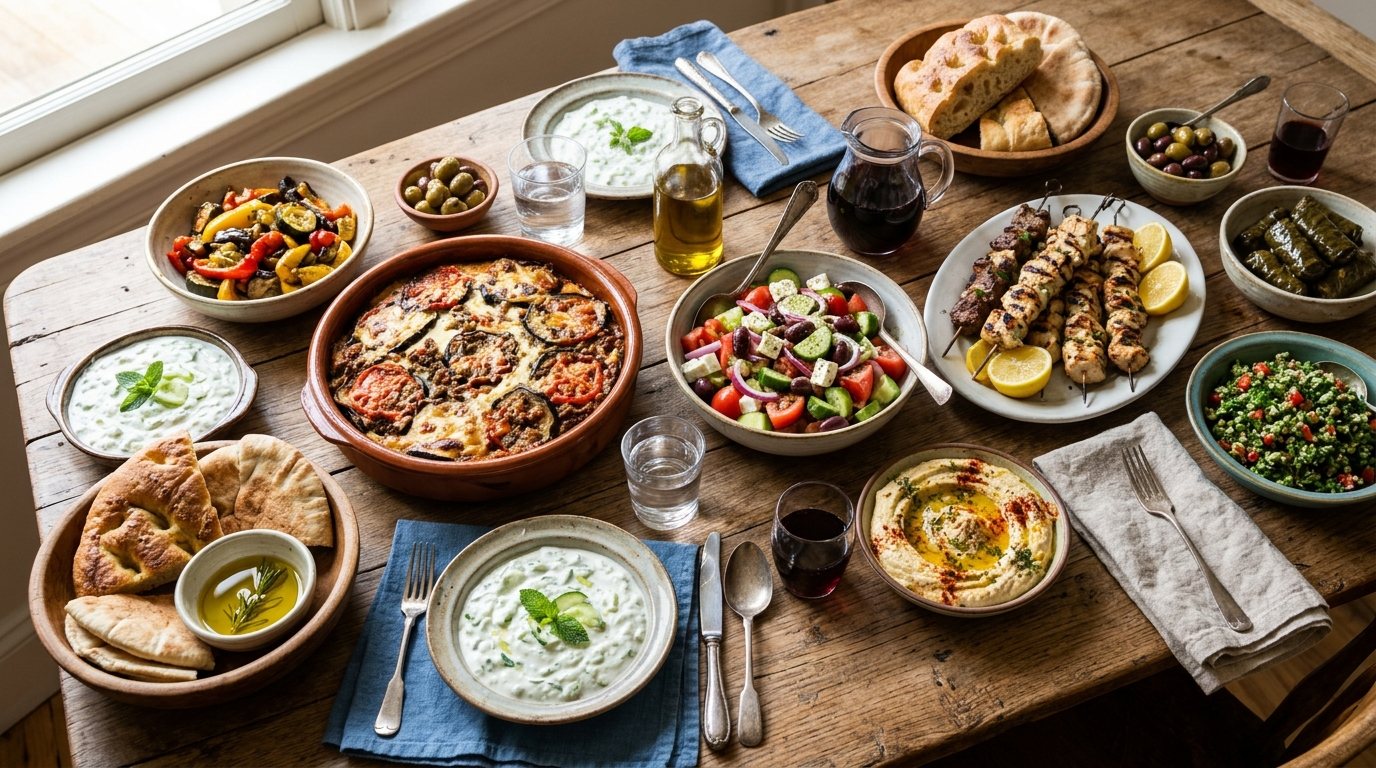 Mediterranean meal setting with moussaka, Greek salad, hummus, skewers, and bread on a wooden table.
