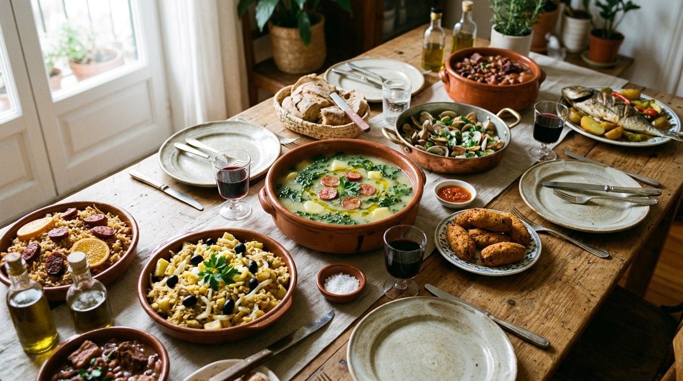Portuguese family meal setting with caldo verde, arroz de pato, and grilled fish dishes.
