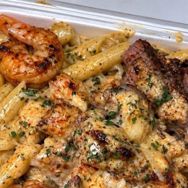 Creamy Steak, Shrimp & Chicken Pasta — recipe by Instagram