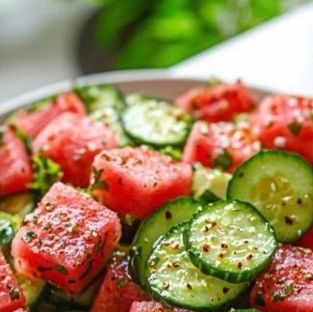 Watermelon Cucumber Salad with a Zesty Honey Lime Dressing — recipe by Instagram