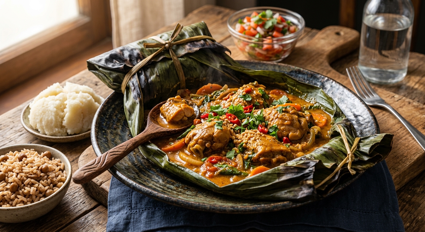 Luwombo — Ugandan Banana Leaf-Steamed Chicken Stew — AI-generated headline for RecipeFiler