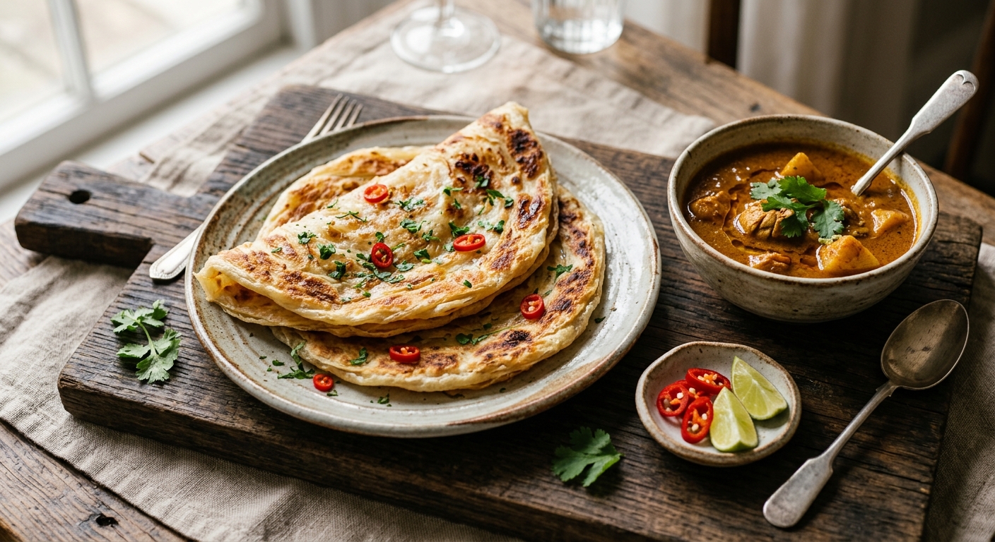 Roti Prata with Curry Dipping Sauce — AI-generated headline for RecipeFiler