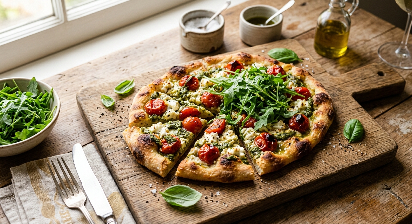 Roasted Tomato & Goat Cheese Flatbread with Pesto & Arugula — AI-generated headline for Instagram