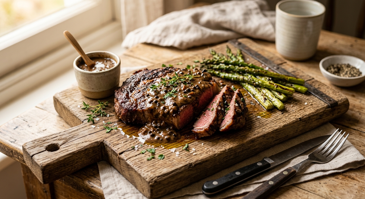 Rib Eye Steak with Best Ever Pepper Sauce — AI-generated headline for Instagram