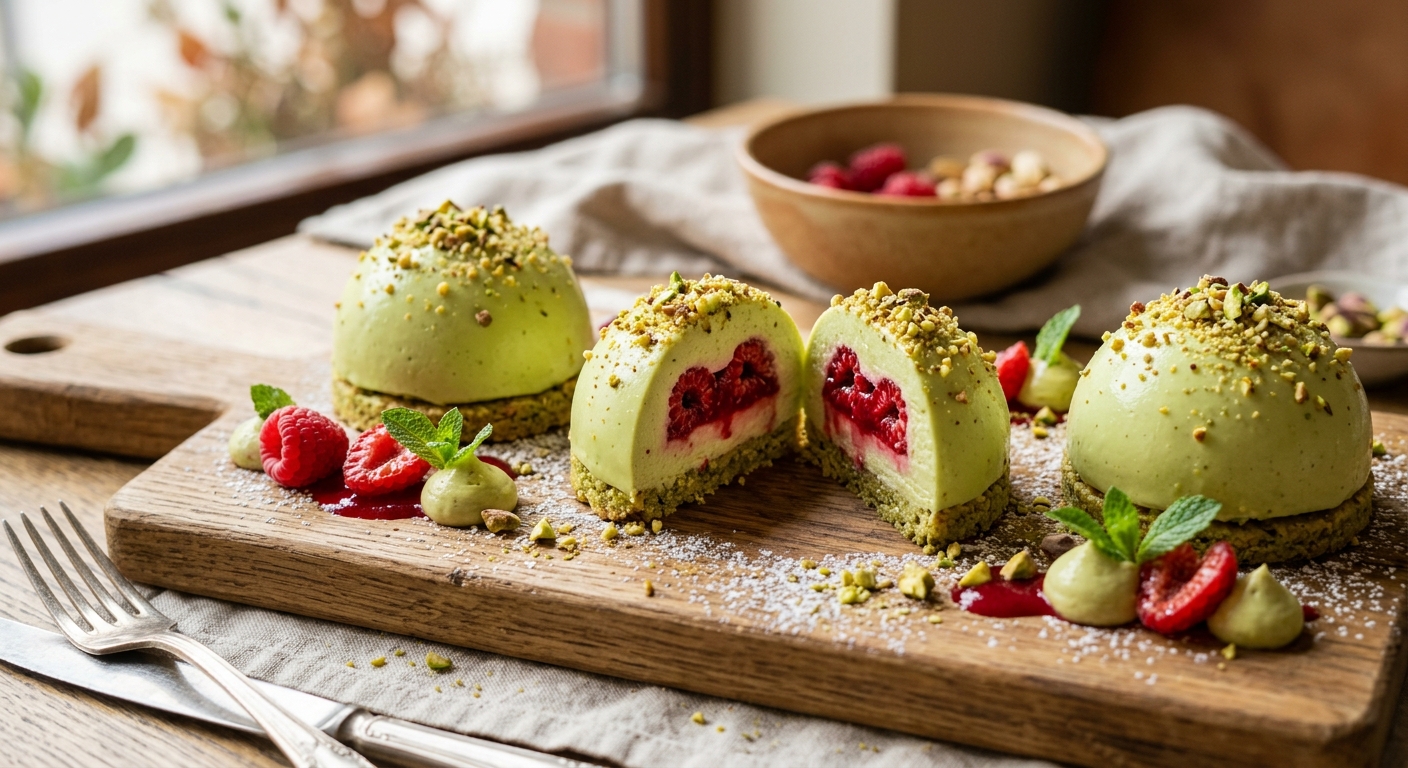 Pistachio Cheesecake Domes with Raspberry Surprise — AI-generated headline for Instagram