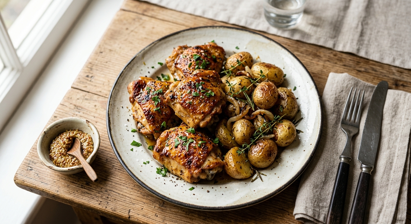 Honey Mustard Roast Chicken Thighs with New Potatoes — AI-generated headline for RecipeFiler