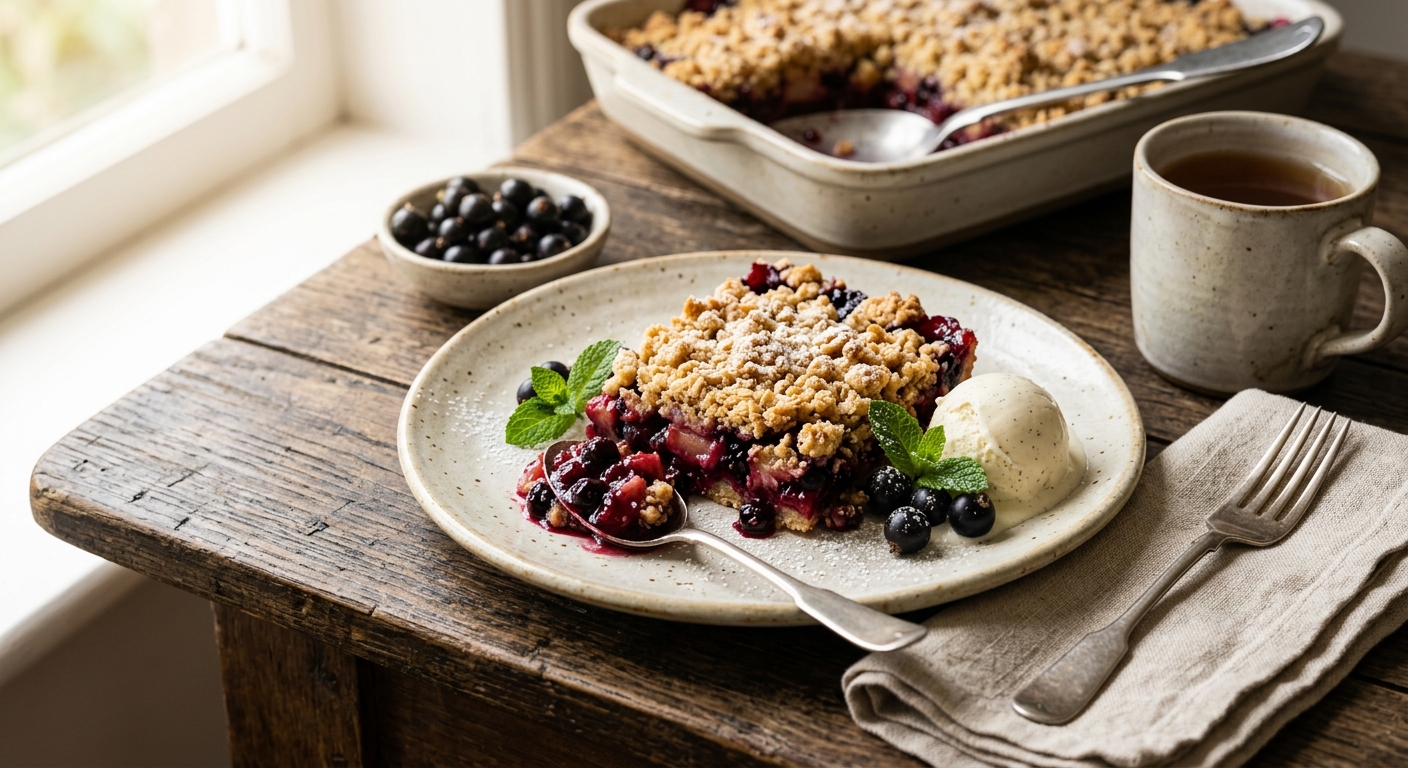 British Blackcurrant and Apple Crumble Traybake — recipe by RecipeFiler