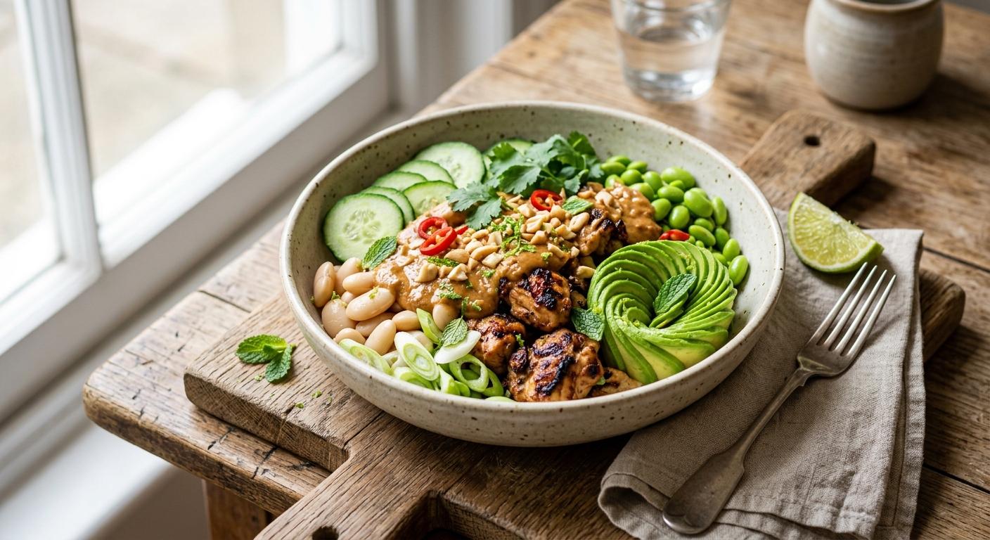 CREAMY CHICKEN SATAY PROTEIN POWER BOWL — AI-generated headline for TikTok