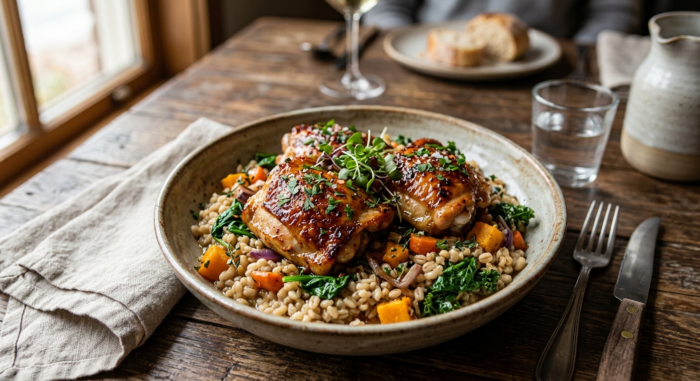 Canadian Maple Roasted Chicken Thighs with Pearl Barley and Greens — recipe by RecipeFiler