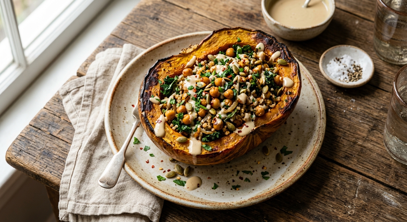 Baked Stuffed Kabocha with Chickpeas and Tahini — AI-generated headline for RecipeFiler