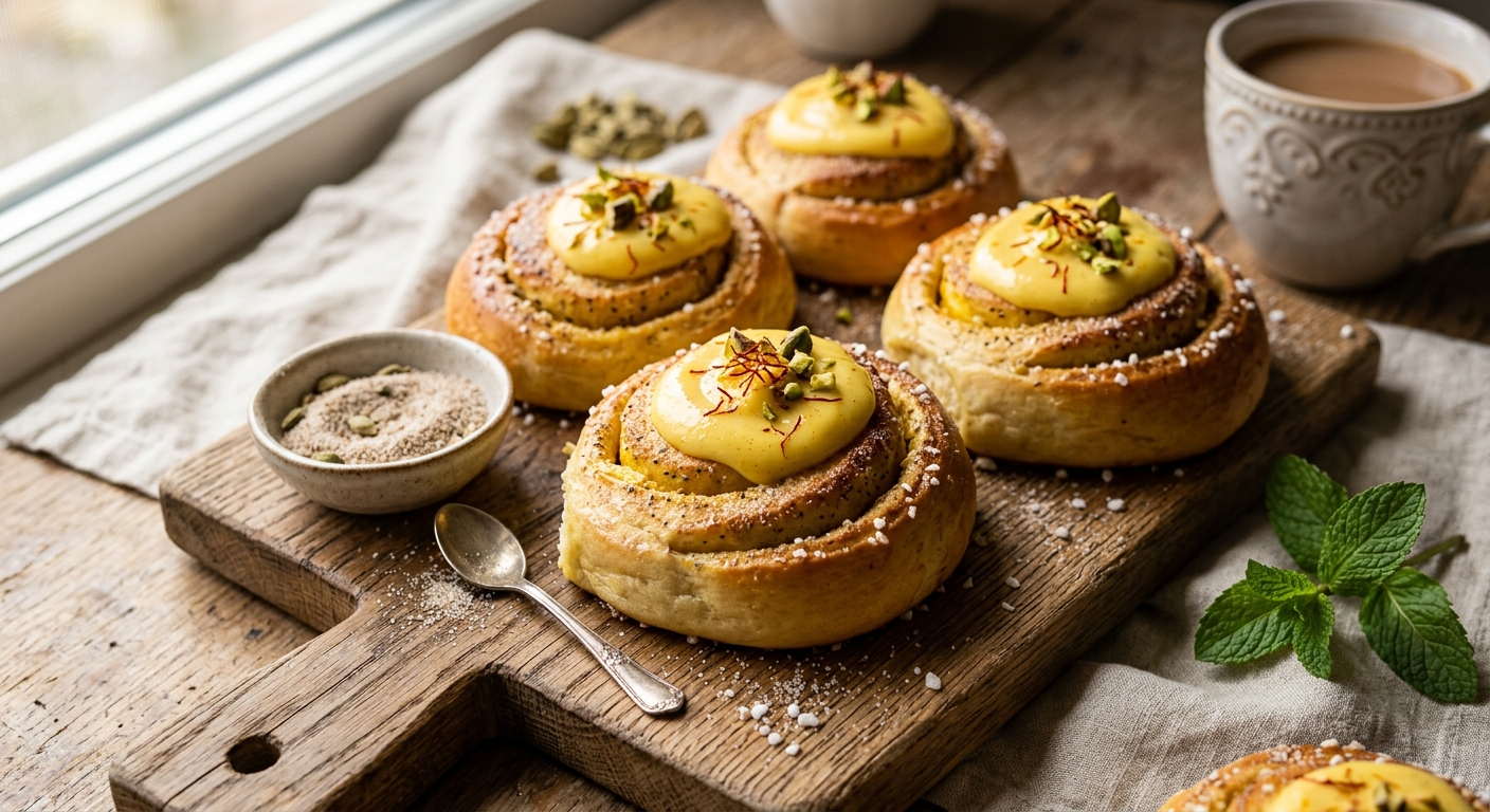 Saffron vanilla custard cardamom buns — AI-generated headline for Instagram