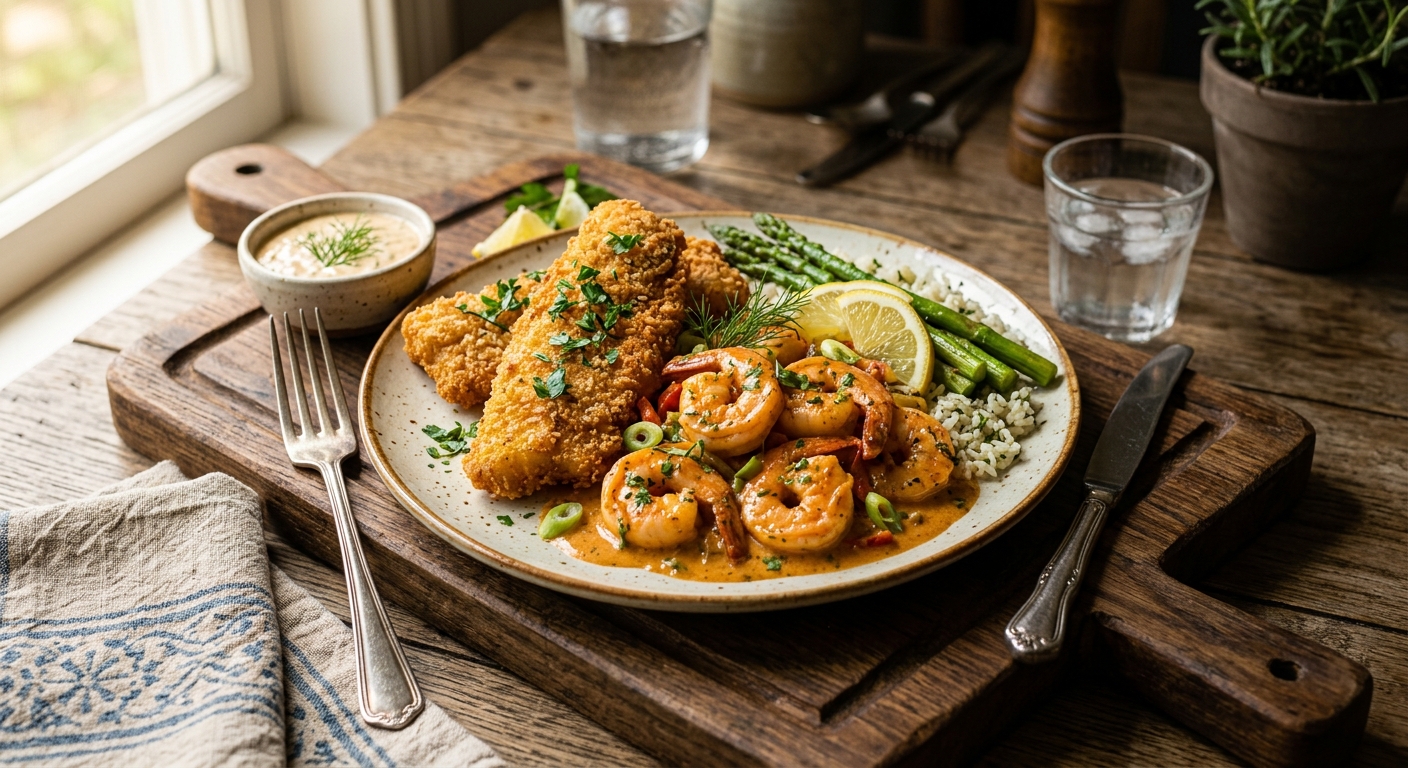 Creamy Cajun Shrimp & Crispy Fish Fillets — AI-generated headline for Instagram