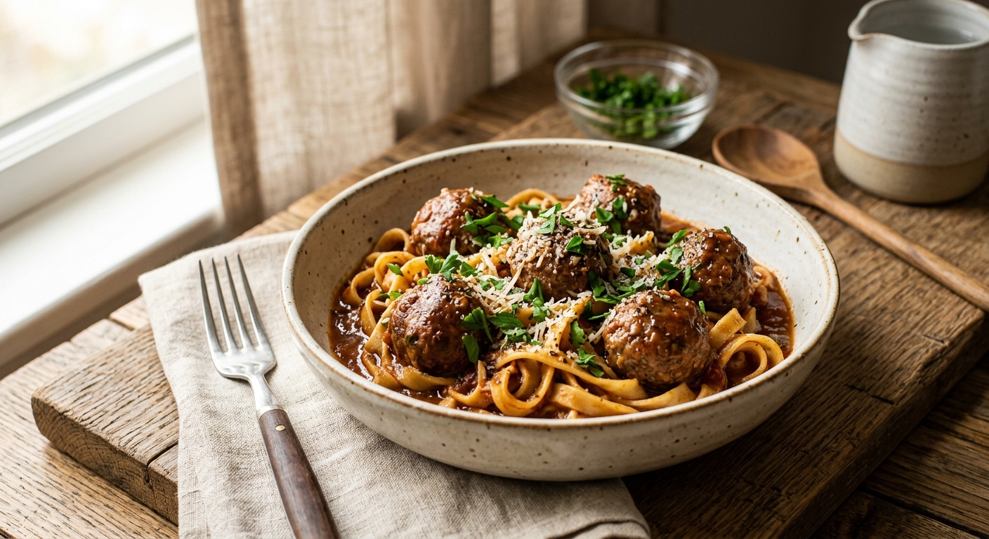 Slow Cooker Meatballs & Noodles — AI-generated headline for Instagram