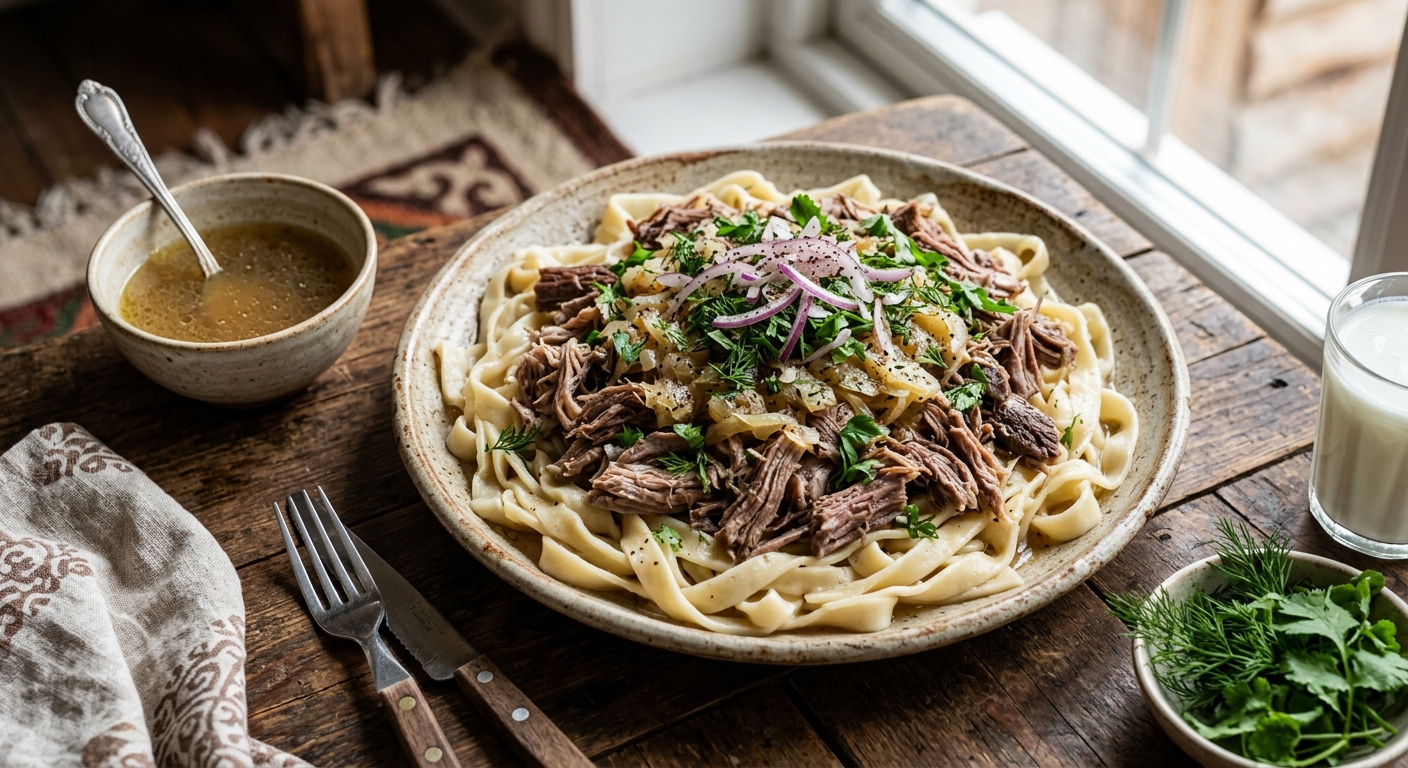 Besh Barmak — Kyrgyz Meat and Noodle Platter — AI-generated headline for RecipeFiler