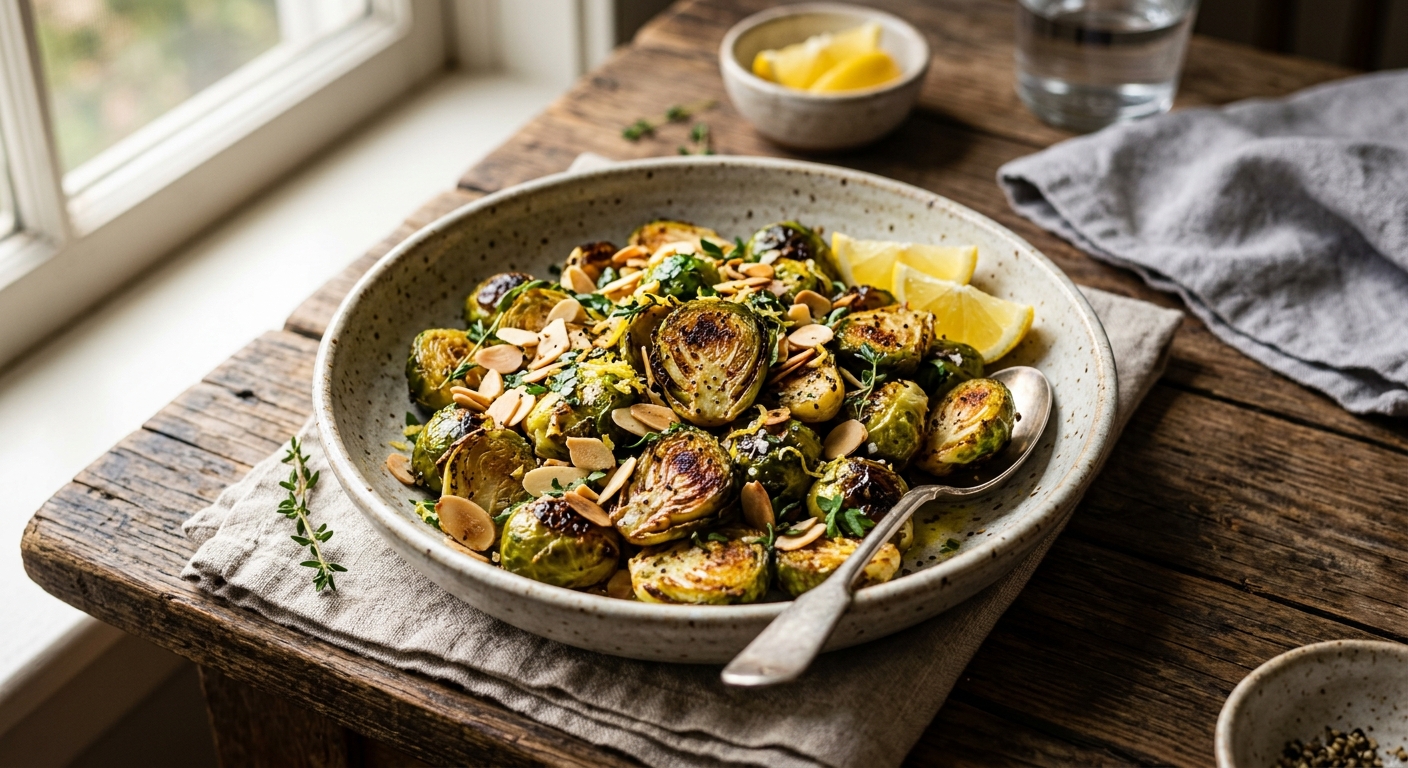 Roasted Brussels Sprouts with Toasted Almonds and Lemon — recipe by RecipeFiler