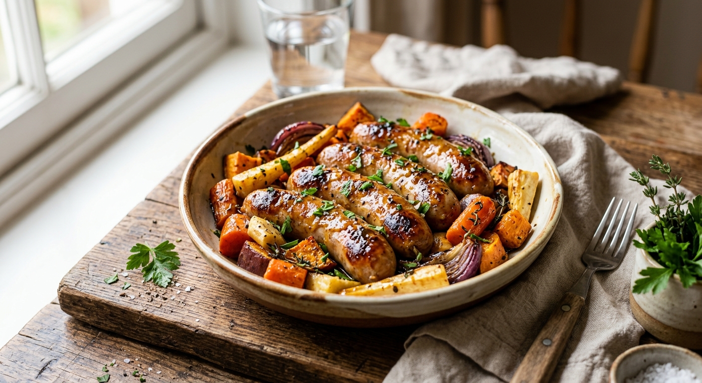 Baked Honey Mustard Sausages with Root Vegetables — AI-generated headline for RecipeFiler