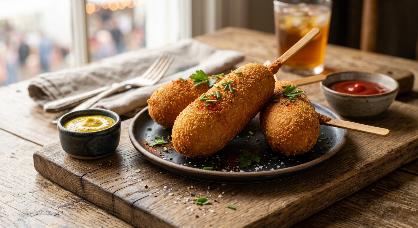 Corn Dogs — Fairground-Style Hot Dogs in Cornmeal Batter — AI-generated headline for RecipeFiler