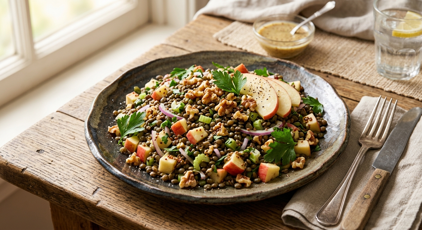 Lentil, Walnut and Apple Salad with Mustard Dressing — recipe by RecipeFiler