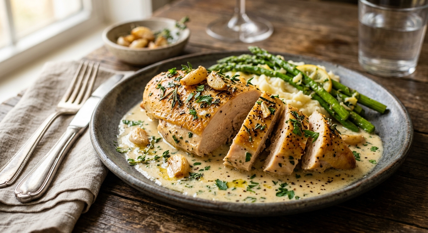 Garlic Herb Roasted Chicken Breast in Creamy Sauce — AI-generated headline for Instagram