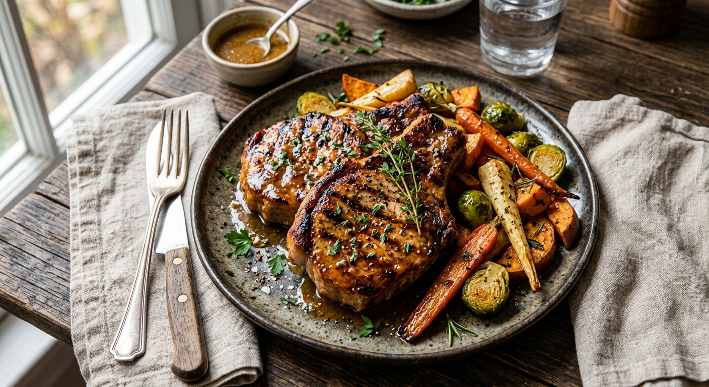 Canadian Maple Mustard Pork Chops with Roasted Root Vegetables — recipe by RecipeFiler