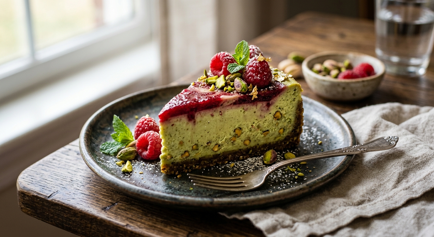 Emerald Pistachio Raspberry Cheesecake — AI-generated headline for Instagram