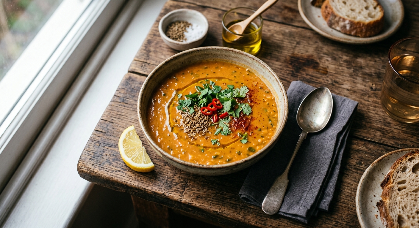 Shorbat Adas — Algerian Red Lentil Soup with Cumin and Lemon — AI-generated headline for RecipeFiler