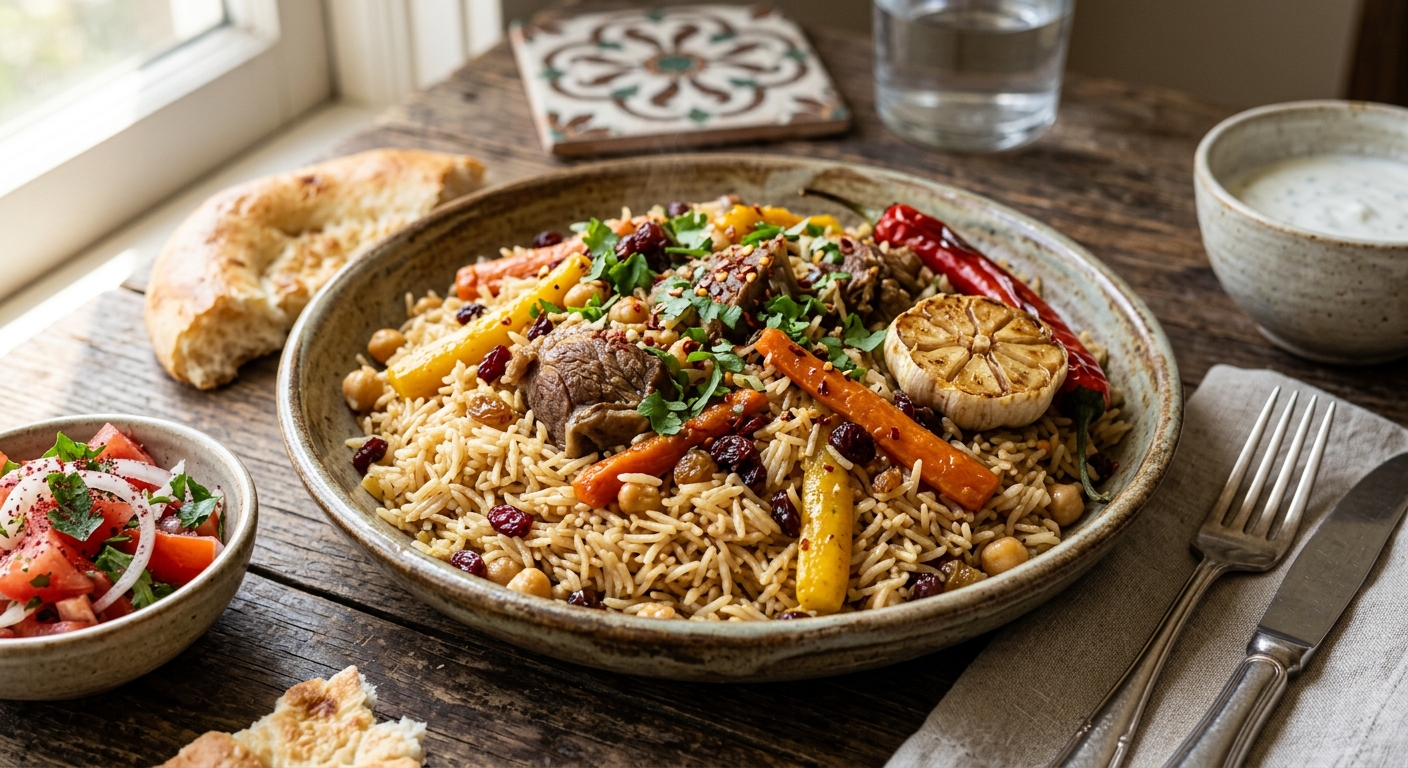 Plov — Uzbek Lamb and Rice Pilaf — AI-generated headline for RecipeFiler