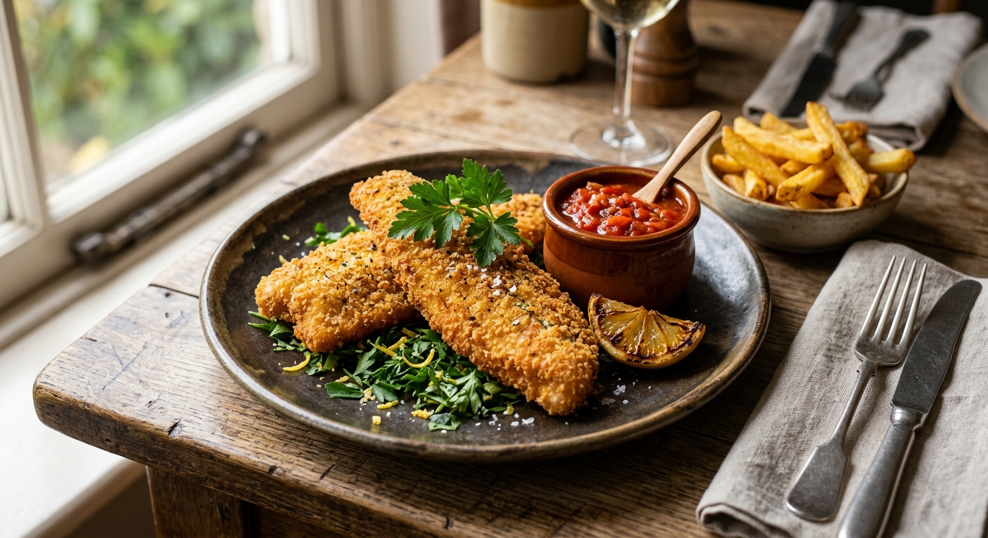 Breaded haddock with fresh tomato ketchup — AI-generated headline for katplaystennis