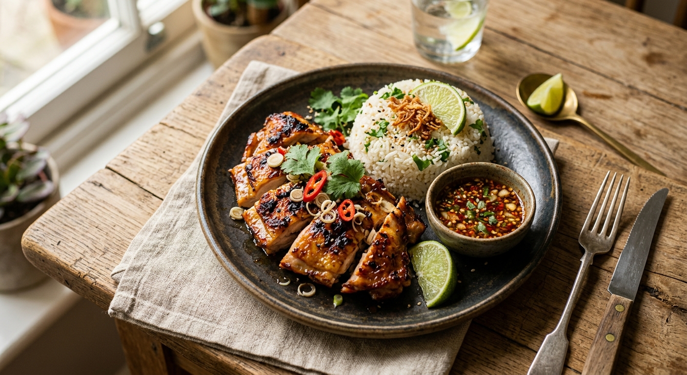 THAI BBQ CHICKEN & COCONUT LIME RICE — AI-generated headline for Instagram