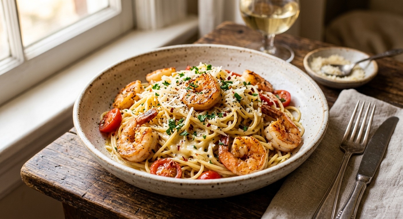 Garlic Butter Parmesan Shrimp Spaghetti — AI-generated headline for Instagram