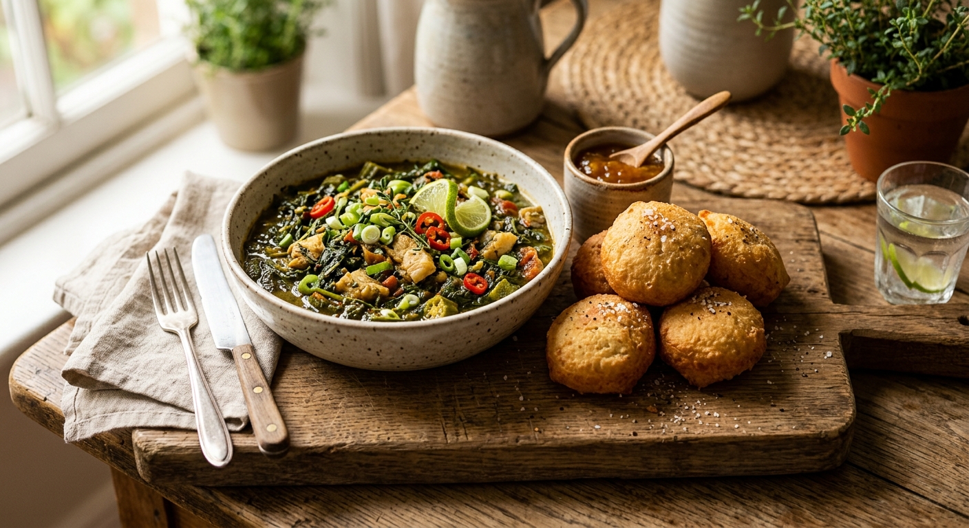 Callaloo and Saltfish with Fried Dumplings — recipe by RecipeFiler