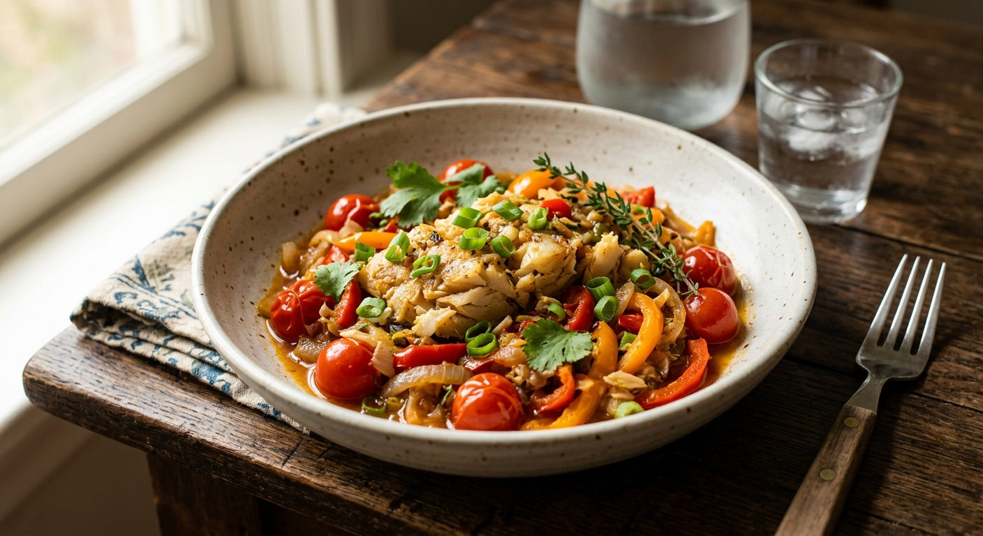 Sautéed Saltfish with Tomatoes and Peppers — AI-generated headline for RecipeFiler