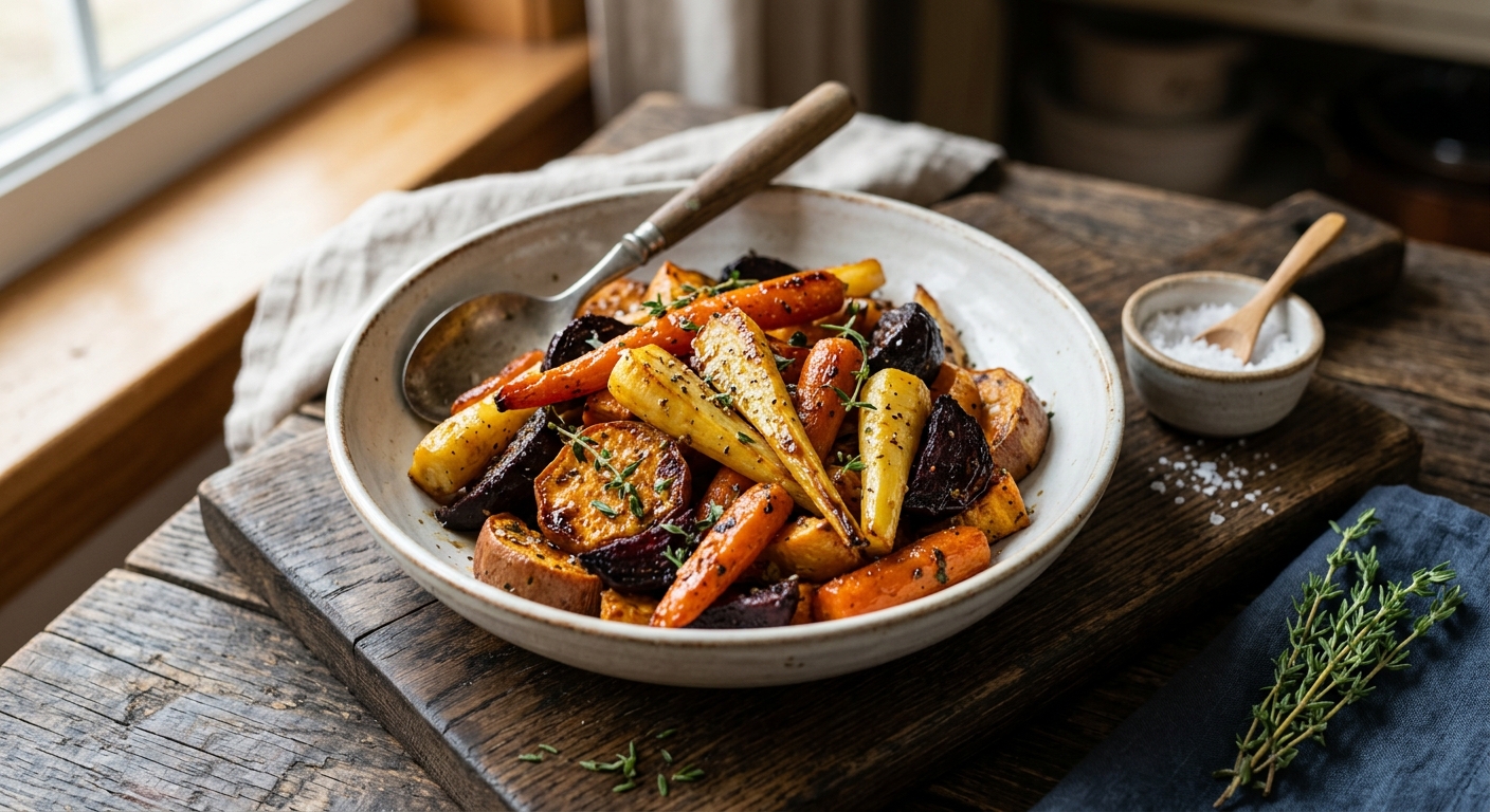 Canadian Maple Roasted Root Vegetables with Thyme — recipe by RecipeFiler
