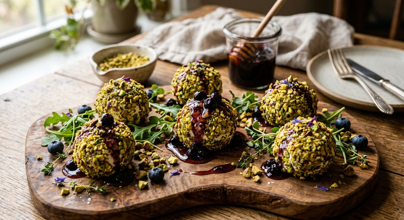 Pistachio-Crusted Goat Cheese Balls with Blueberry Hot Honey Drizzle — recipe by Instagram