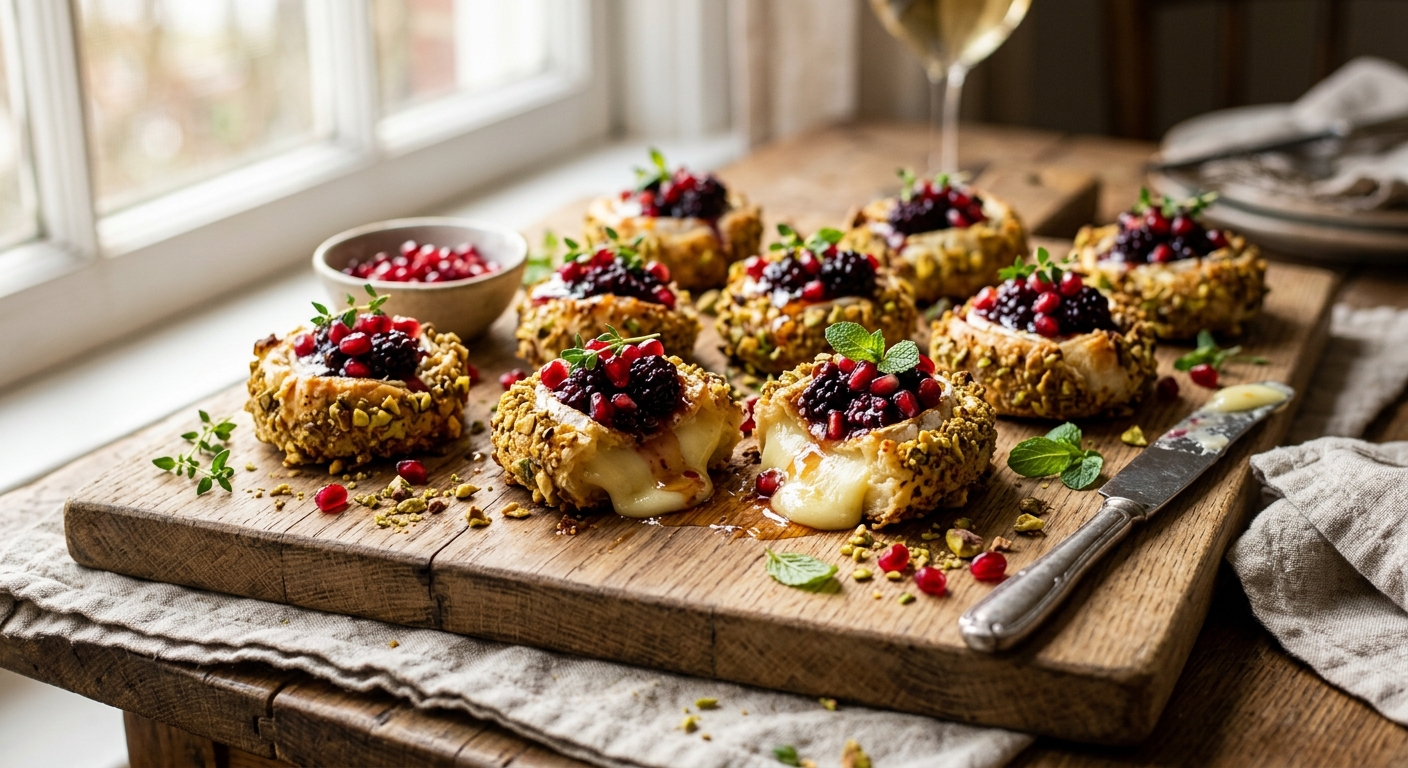 Blackberry Hot Honey Brie Bites with Crispy Pistachio Crust & Pomegranate Crunch — AI-generated headline for Instagram