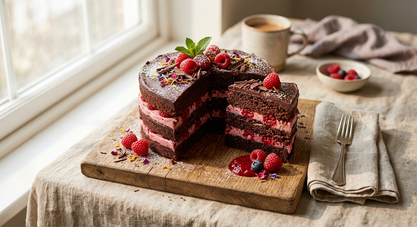 Layered Chocolate Raspberry Cake — AI-generated headline for Instagram