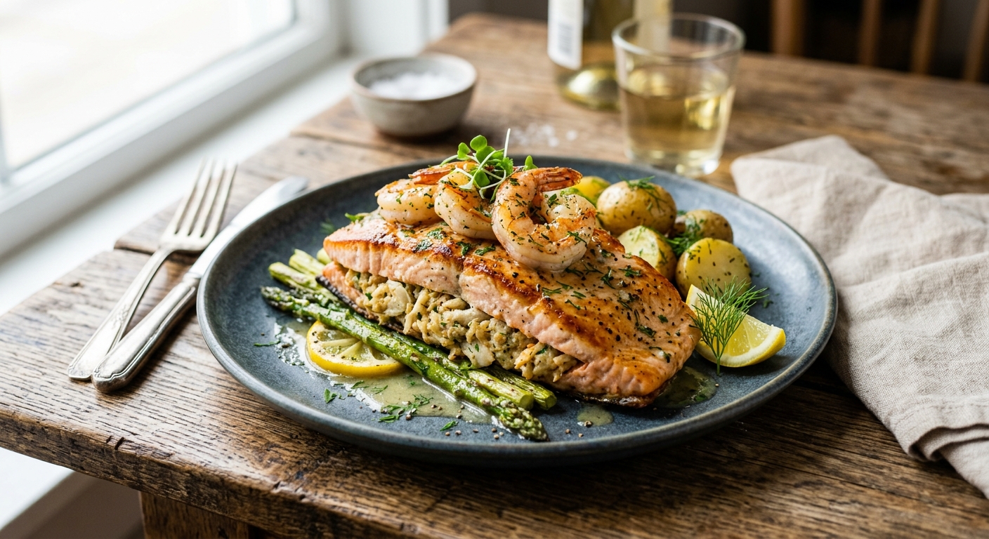 Crab-Stuffed Salmon with Shrimp — AI-generated headline for Instagram