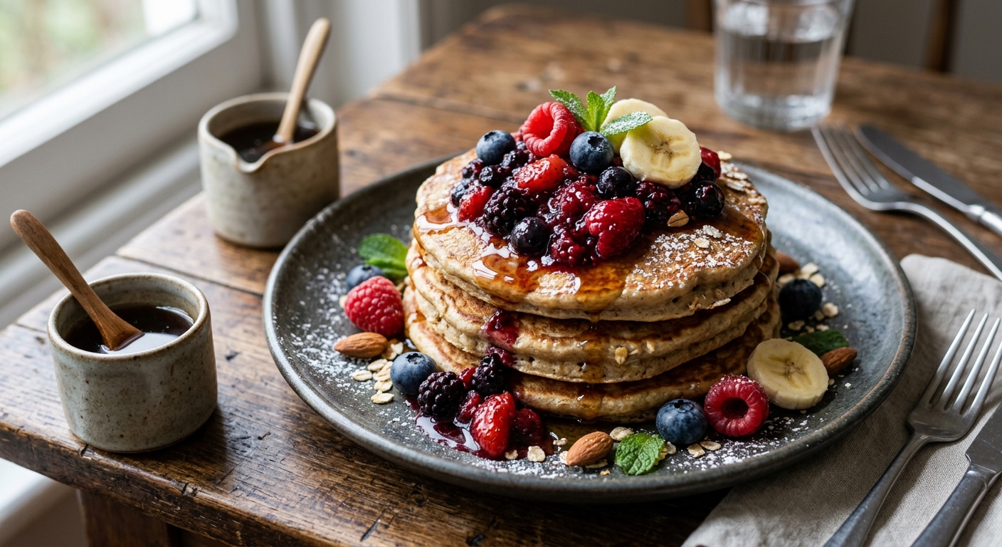 Banana Oat Pancakes with Mashed Berries — AI-generated headline for RecipeFiler