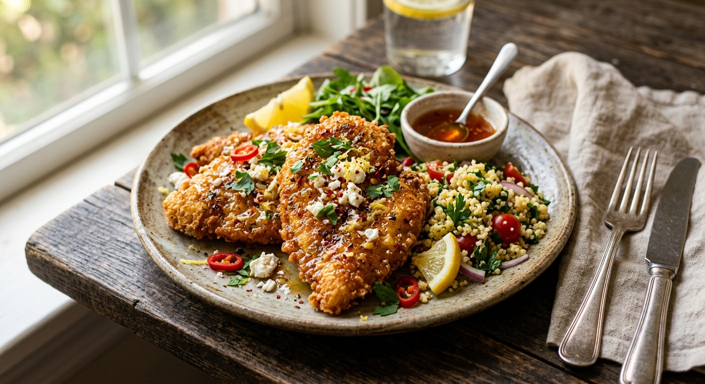 Crispy Air-Fried Hot Honey Lemon Feta Chicken Cutlets — AI-generated headline for Instagram