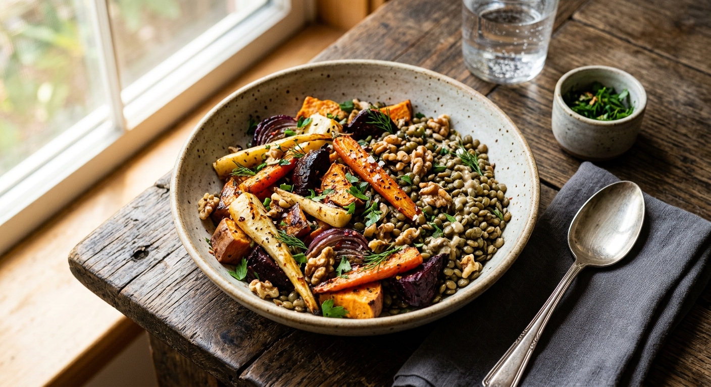 Maple Roasted Root Vegetables with Lentils — recipe by RecipeFiler