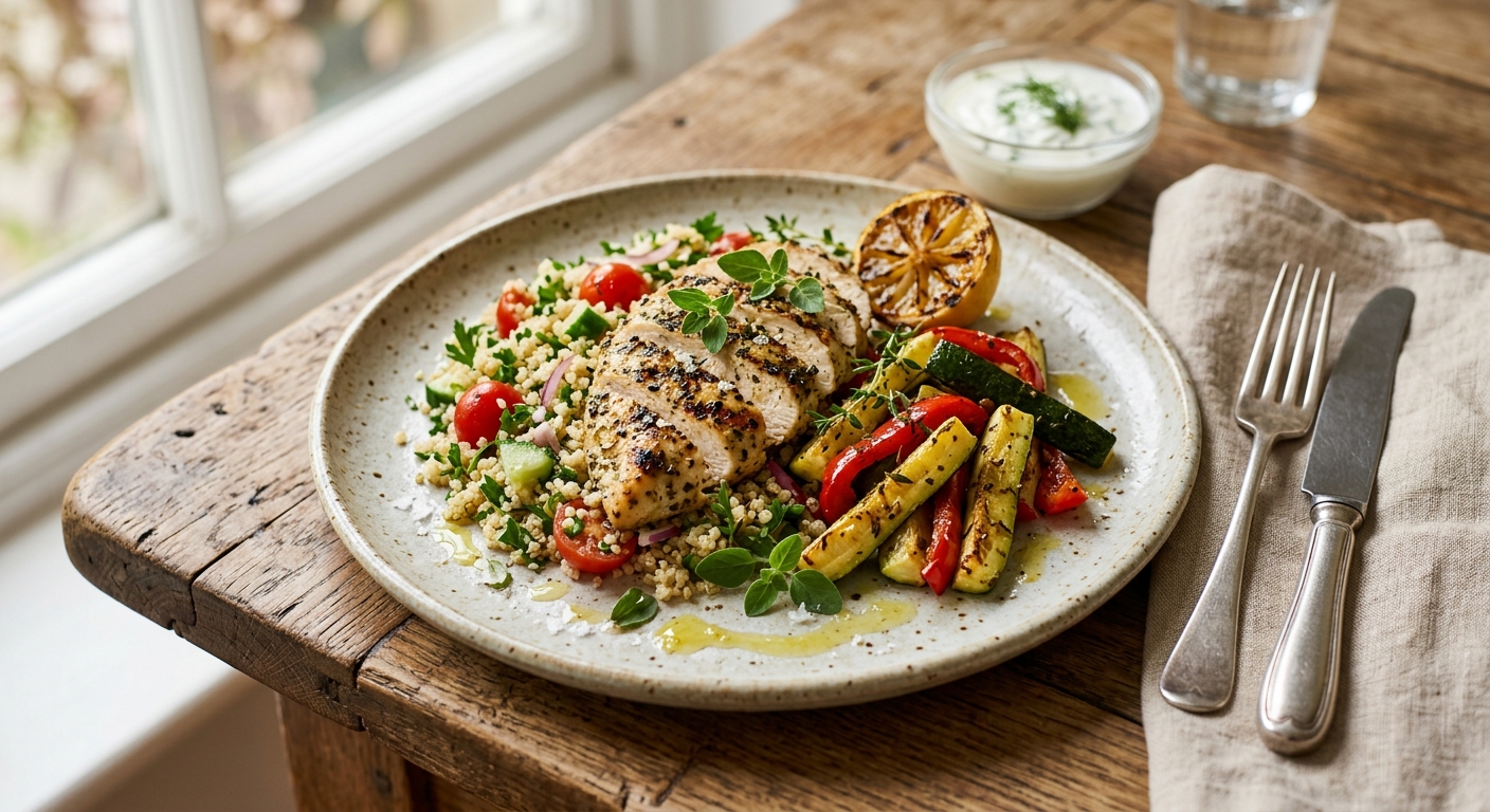 Grilled Lemon Chicken with Quinoa and Roasted Courgette — recipe by RecipeFiler