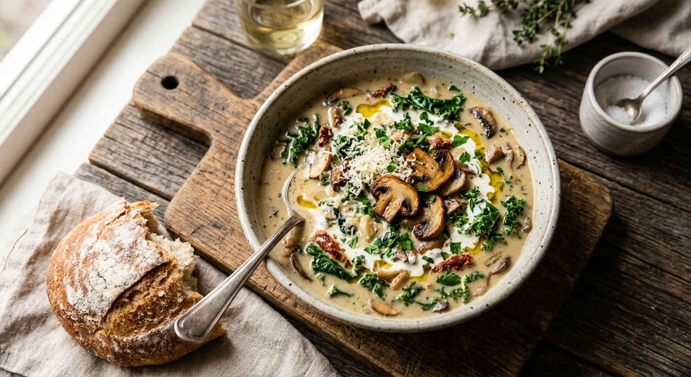Creamy Tuscan Garlic Mushroom and Kale Soup — AI-generated headline for Instagram