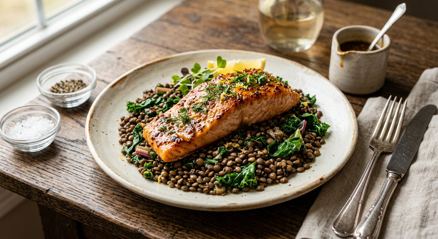 Canadian Maple Roasted Salmon with Braised Lentils and Greens — recipe by RecipeFiler