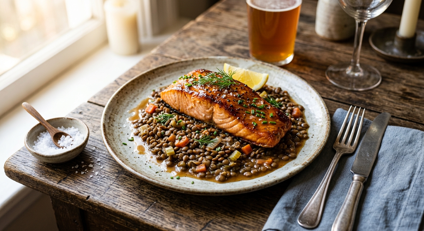 Canadian Maple Roasted Salmon with Braised Lentils — recipe by RecipeFiler