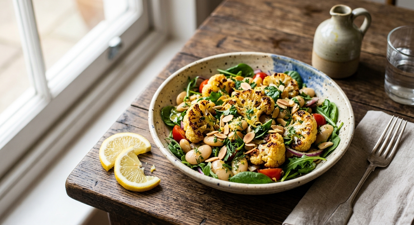 British Roasted Cauliflower and Butterbean Salad with Lemon — AI-generated headline for RecipeFiler
