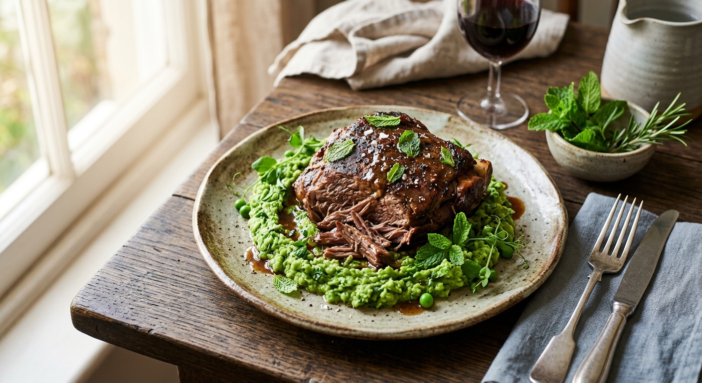 Slow Roasted Lamb Shoulder with Minty Pea Mash — AI-generated headline for Instagram