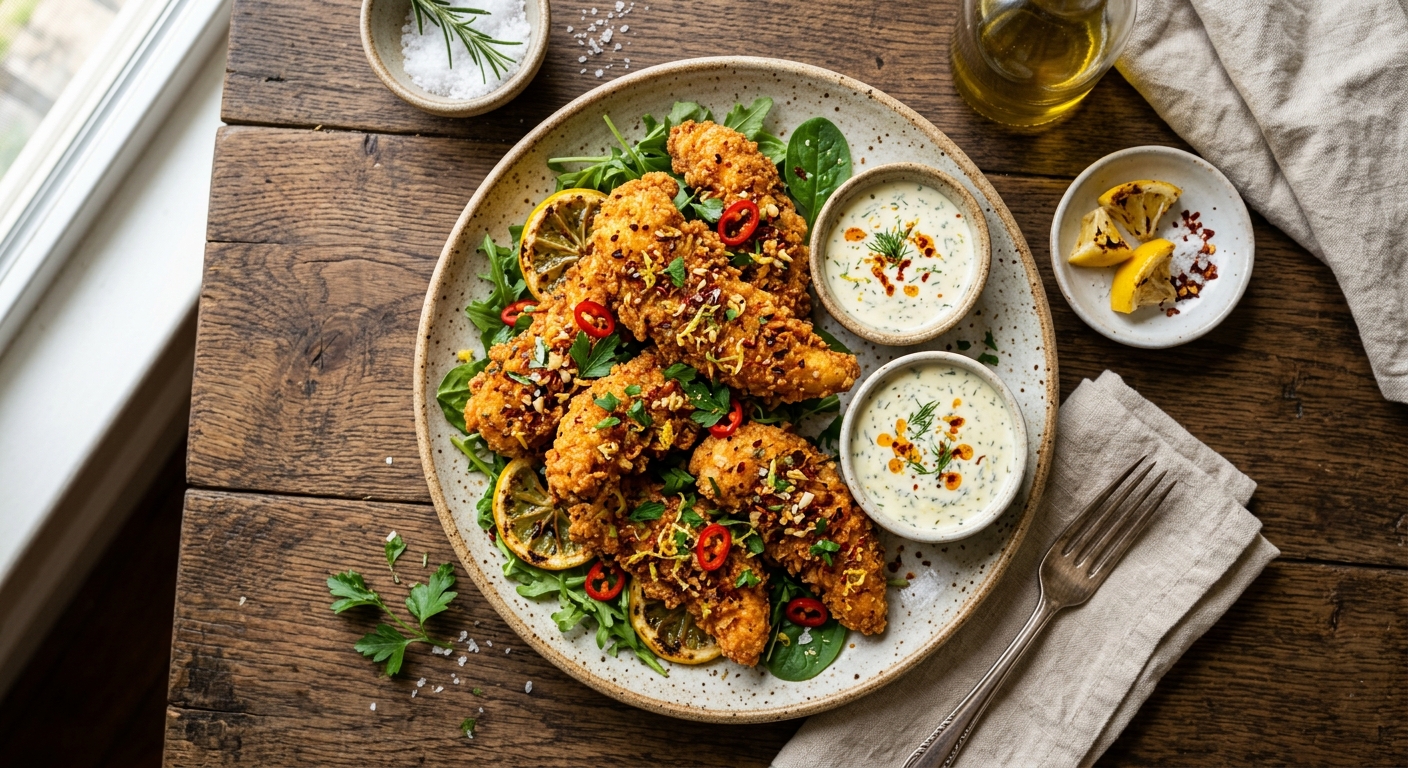 Crispy lemon chili garlic chicken tenders — AI-generated headline for Instagram